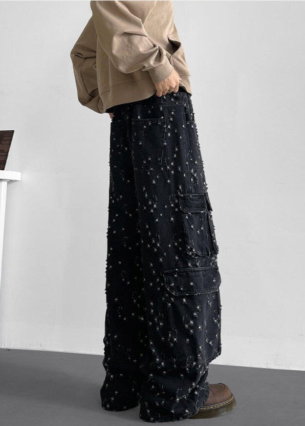 Multi - Pocket Distressed Denim Cargo Pants - Rick Circus