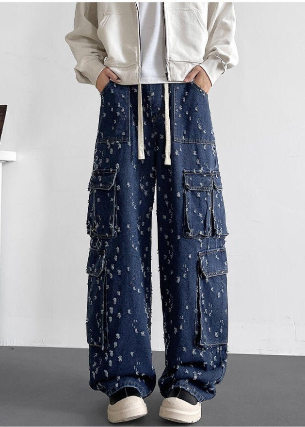 Multi - Pocket Distressed Denim Cargo Pants - Rick Circus