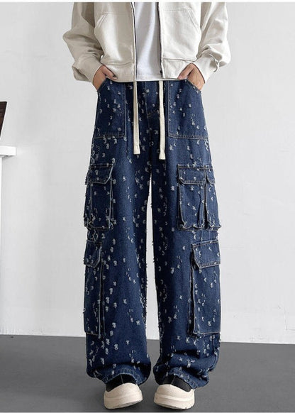 Multi - Pocket Distressed Denim Cargo Pants - Rick Circus