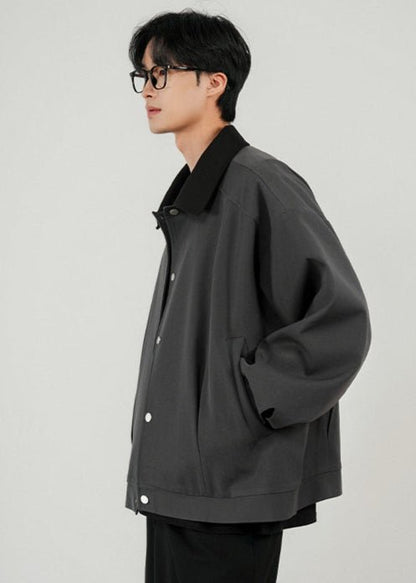 Oversized Contrast Collar Snap Button Jacket - Rick Circus
