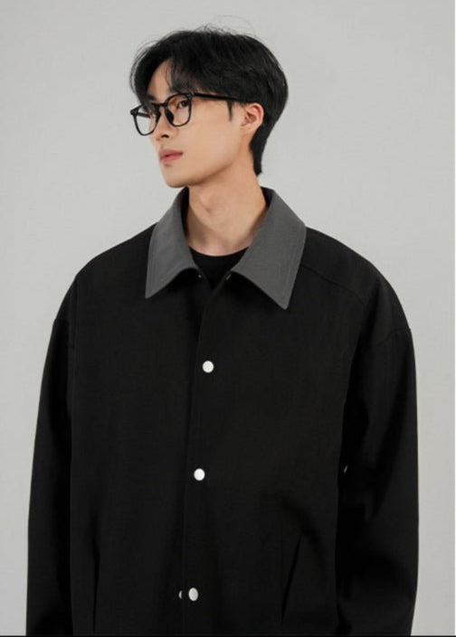 Oversized Contrast Collar Snap Button Jacket - Rick Circus