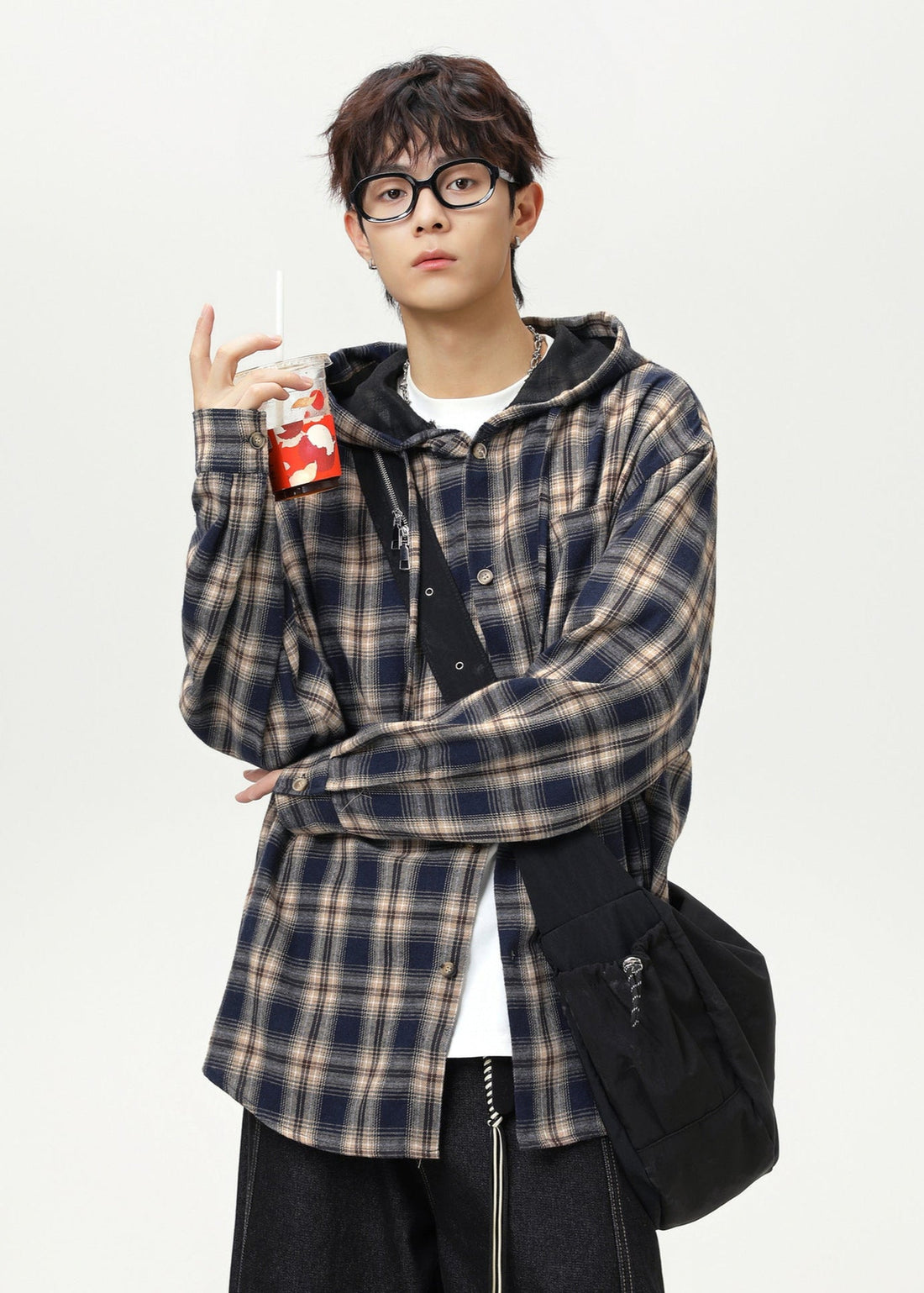 Oversized Contrast Plaid Hooded Jacket - Rick Circus