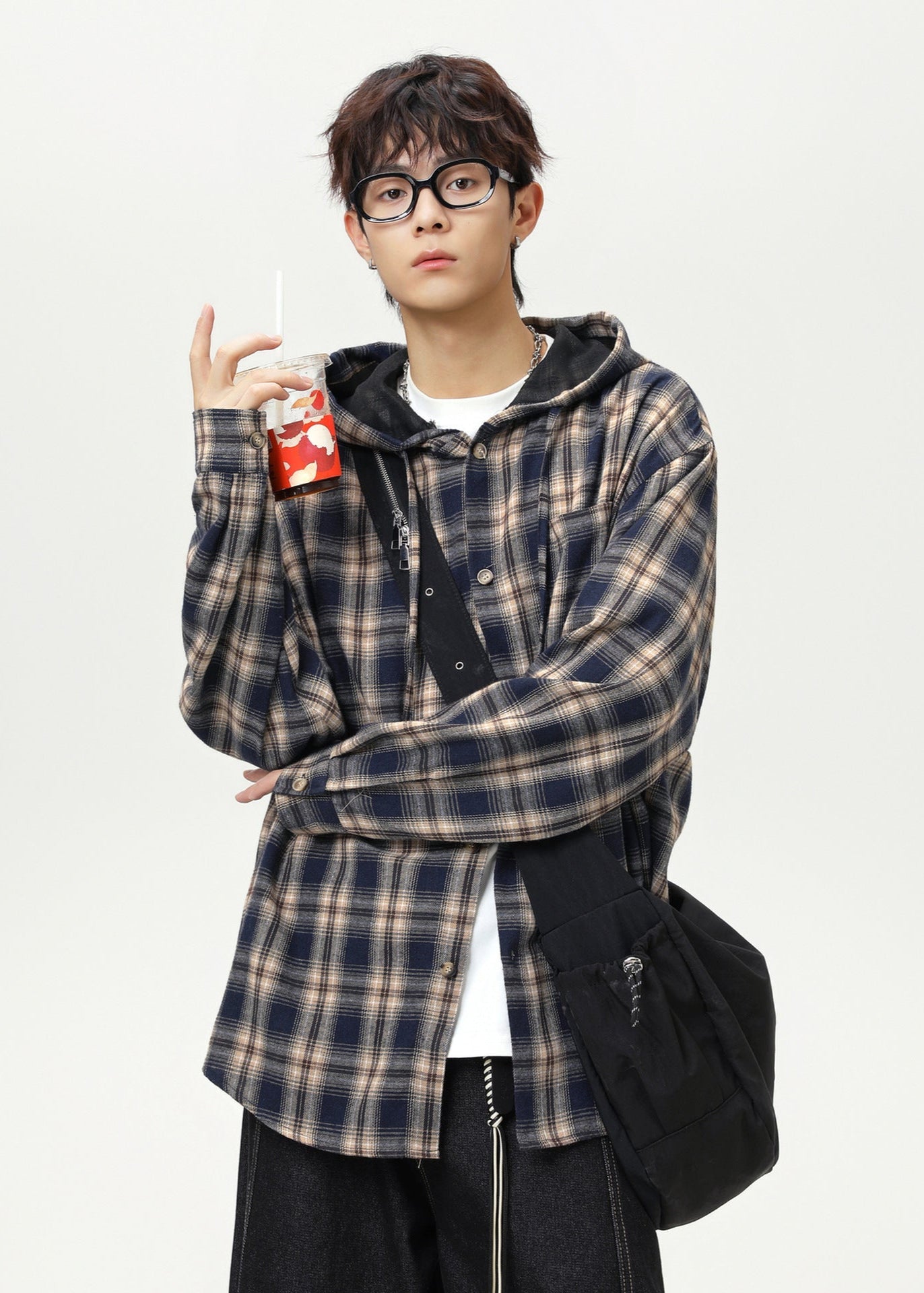 Oversized Contrast Plaid Hooded Jacket - Rick Circus