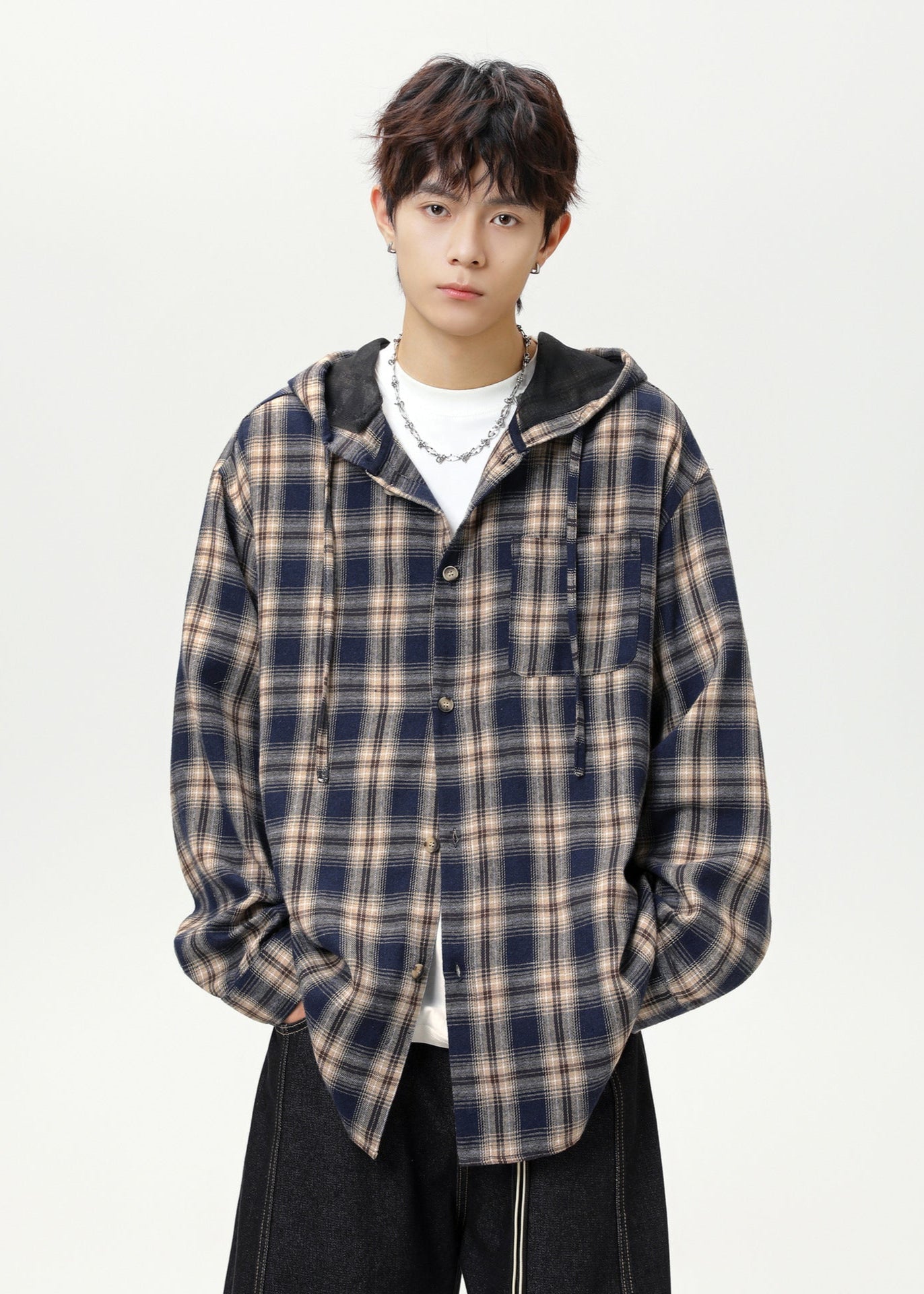 Oversized Contrast Plaid Hooded Jacket - Rick Circus