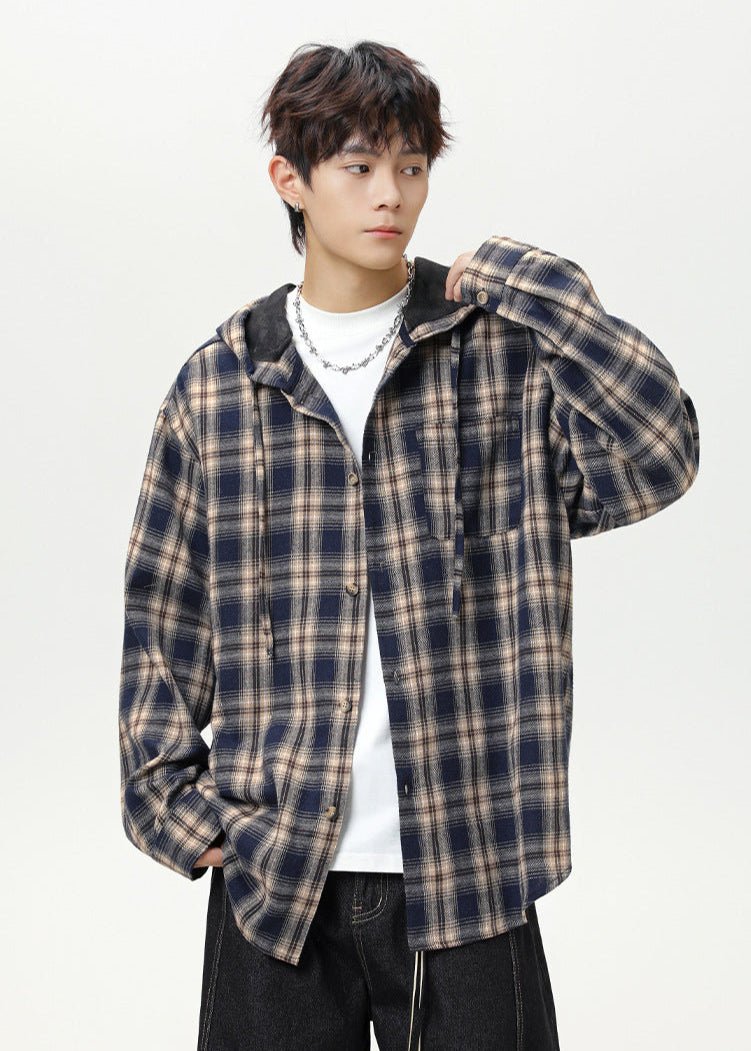 Oversized Contrast Plaid Hooded Jacket - Rick Circus