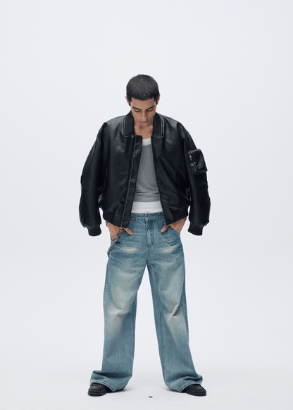 Oversized Leather Bomber Jacket - Rick Circus