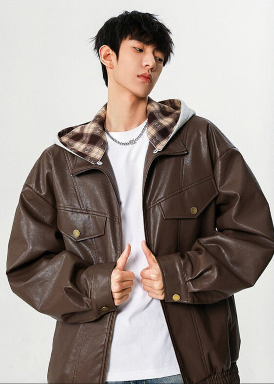 Oversized PU Leather Jacket with Removable Hood - Rick Circus