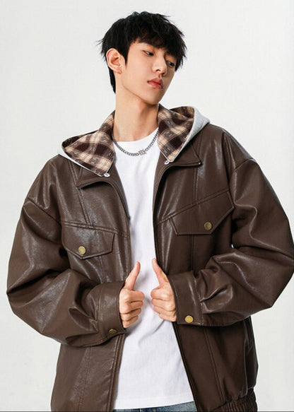 Oversized PU Leather Jacket with Removable Hood - Rick Circus