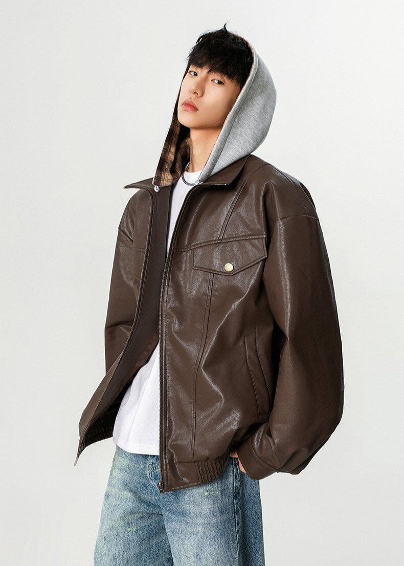 Oversized PU Leather Jacket with Removable Hood - Rick Circus