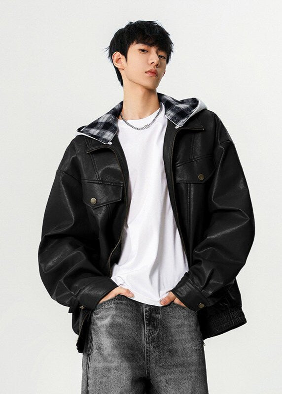 Oversized PU Leather Jacket with Removable Hood - Rick Circus