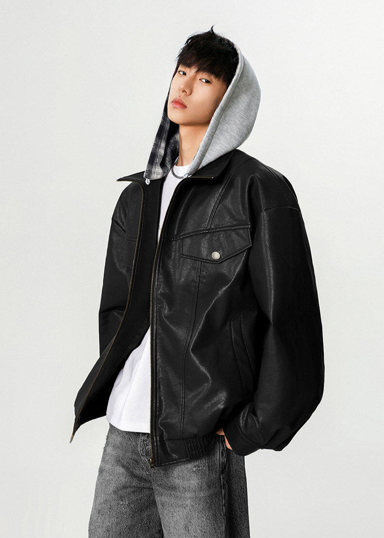 Oversized PU Leather Jacket with Removable Hood - Rick Circus