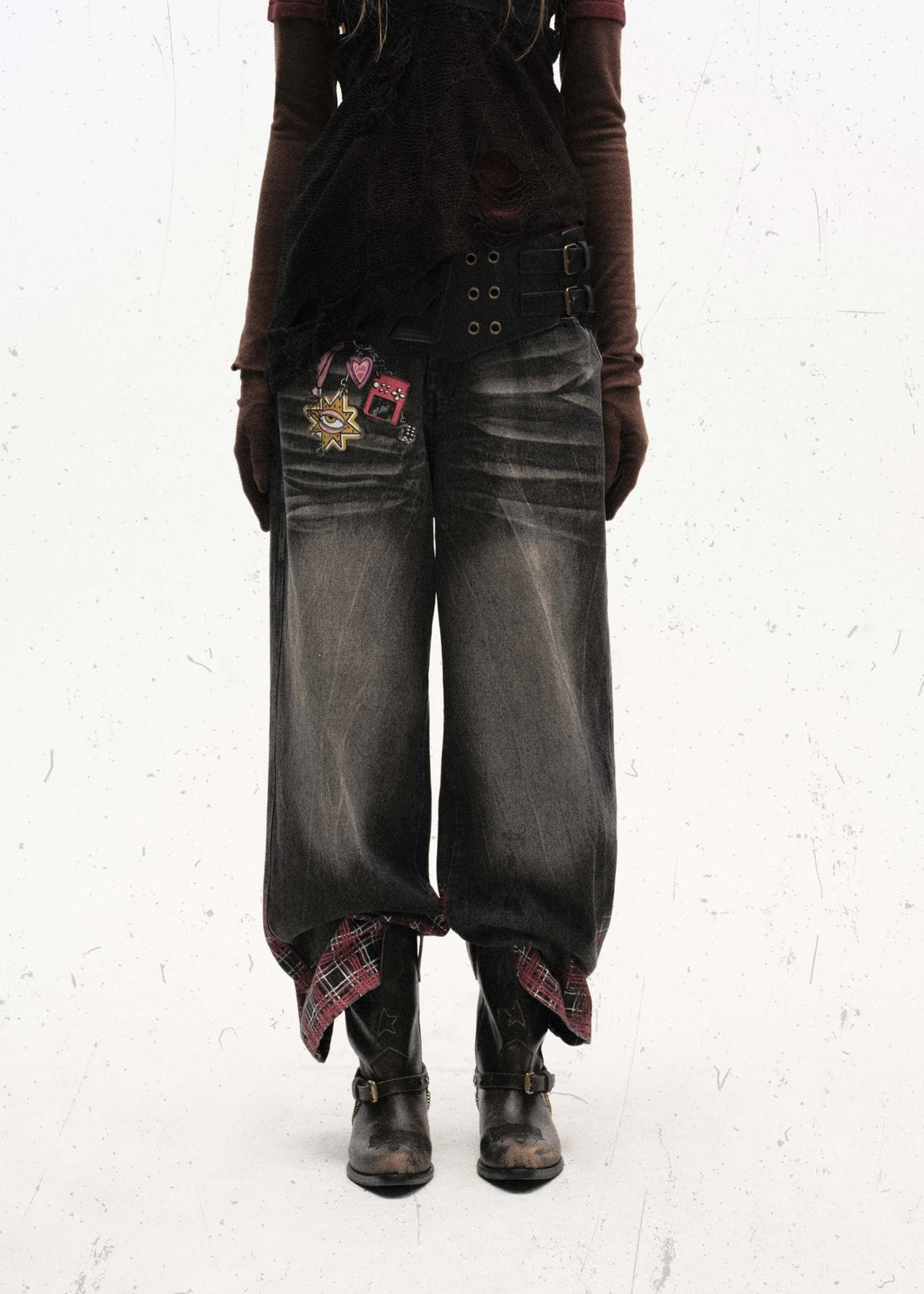 Plaid Print Washed Black Denim Jeans - Rick Circus