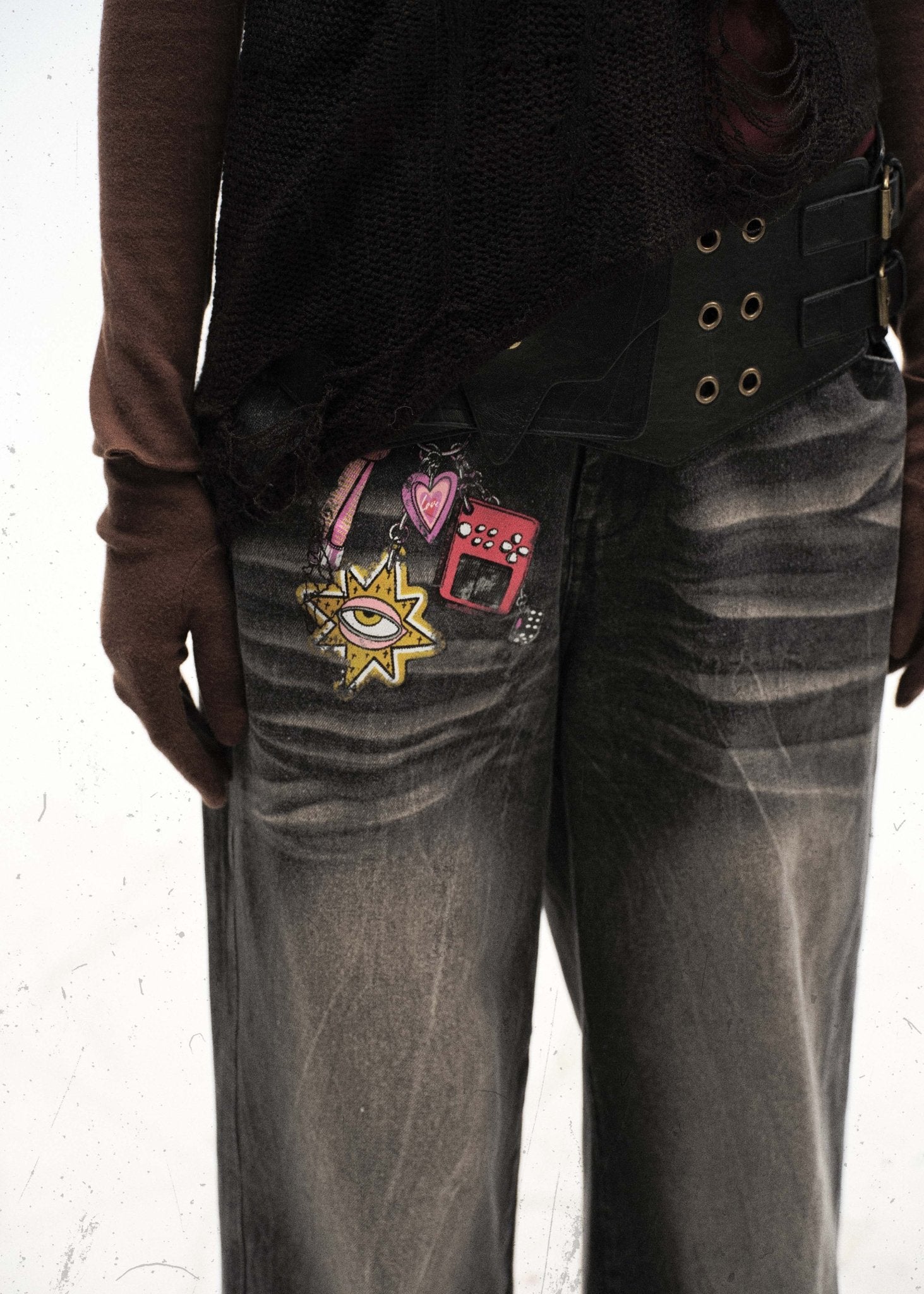 Plaid Print Washed Black Denim Jeans - Rick Circus