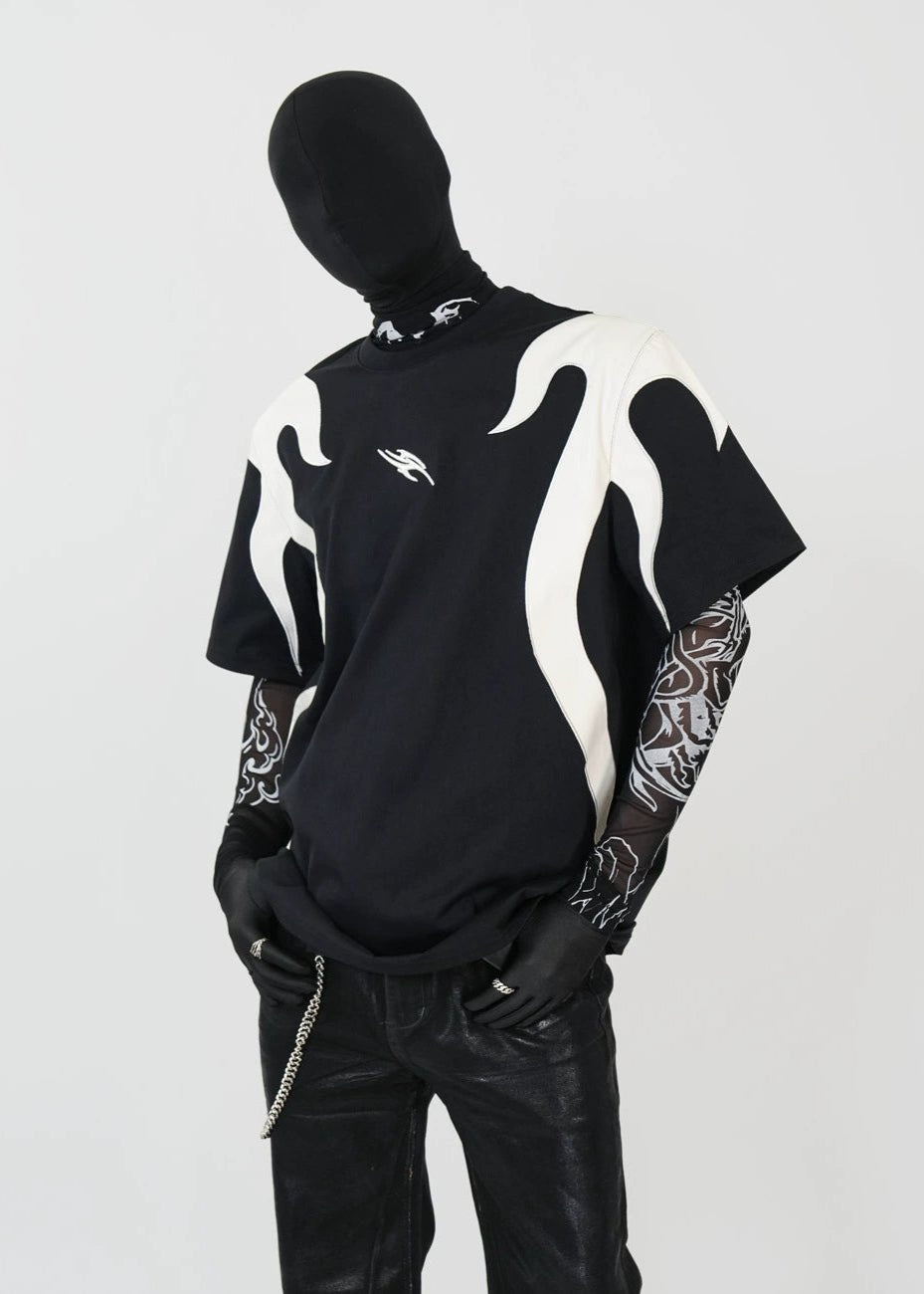 PU Flame Patchwork Embroidered Racing T-Shirt - Rick Circus
