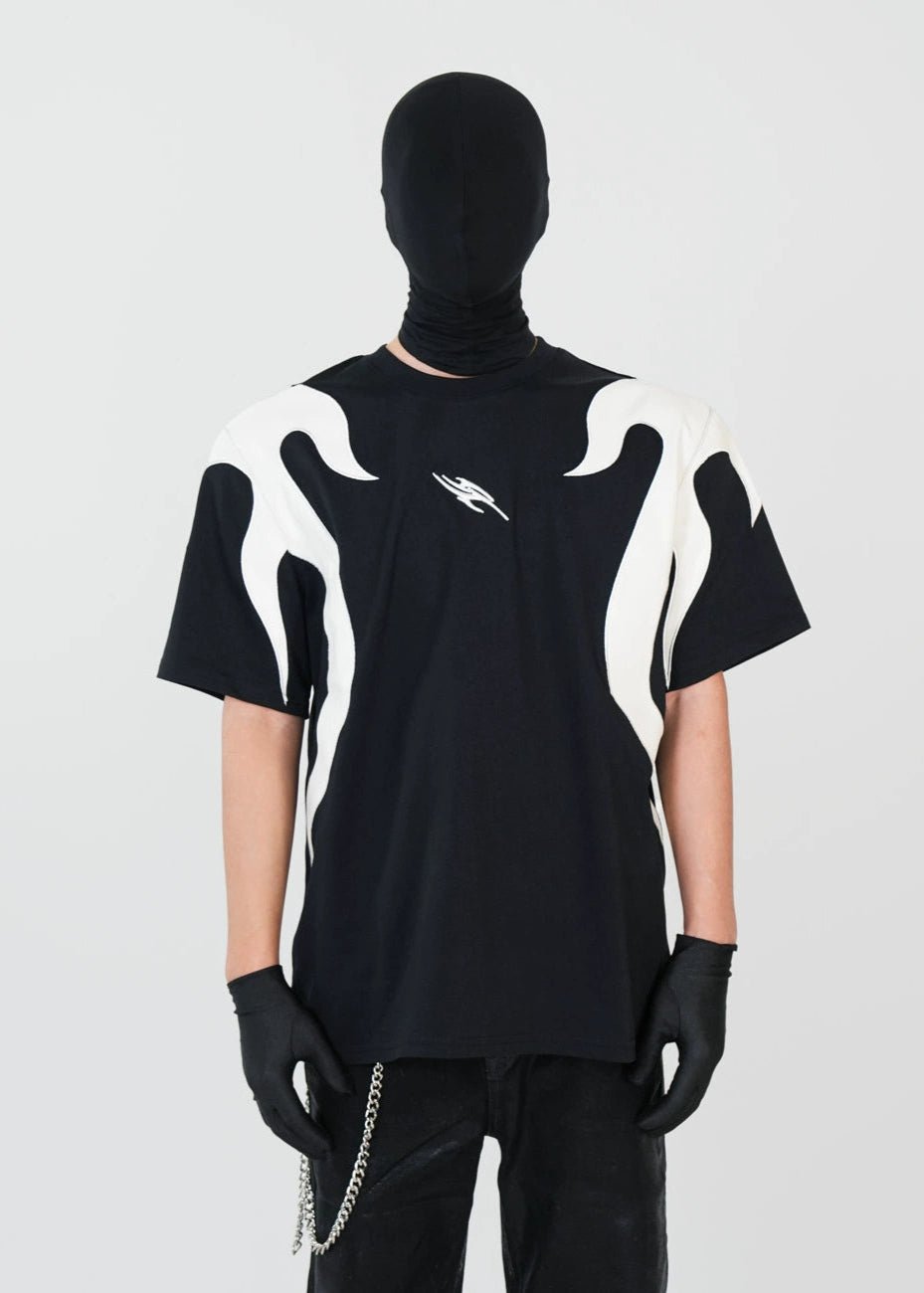 PU Flame Patchwork Embroidered Racing T-Shirt - Rick Circus