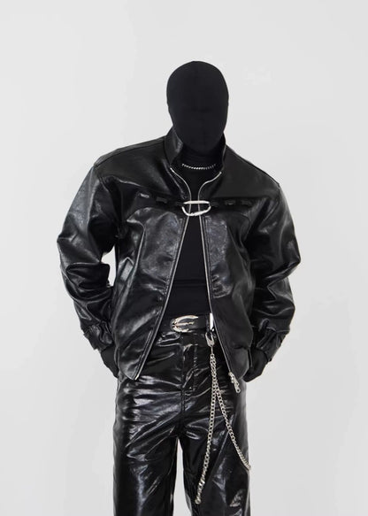 PU Leather Biker Jacket with Dual Zippers and Metal Clip - Rick Circus
