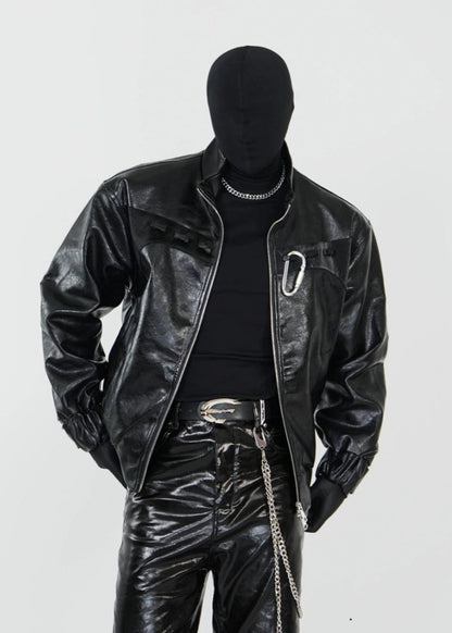 PU Leather Biker Jacket with Dual Zippers and Metal Clip - Rick Circus