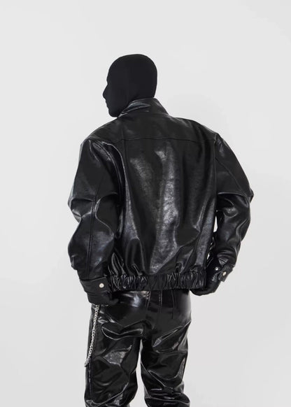 PU Leather Biker Jacket with Dual Zippers and Metal Clip - Rick Circus