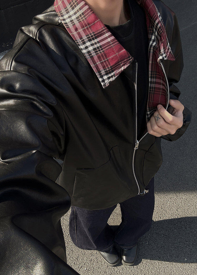 Reversible Leather &amp; Plaid Bomber Jacket - Rick Circus