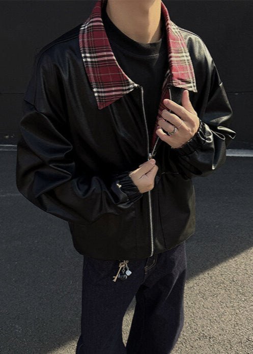 Reversible Leather &amp; Plaid Bomber Jacket - Rick Circus