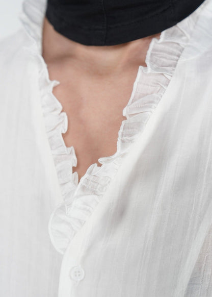 Ruffle V - Neck Sheer Textured Shirt - Rick Circus