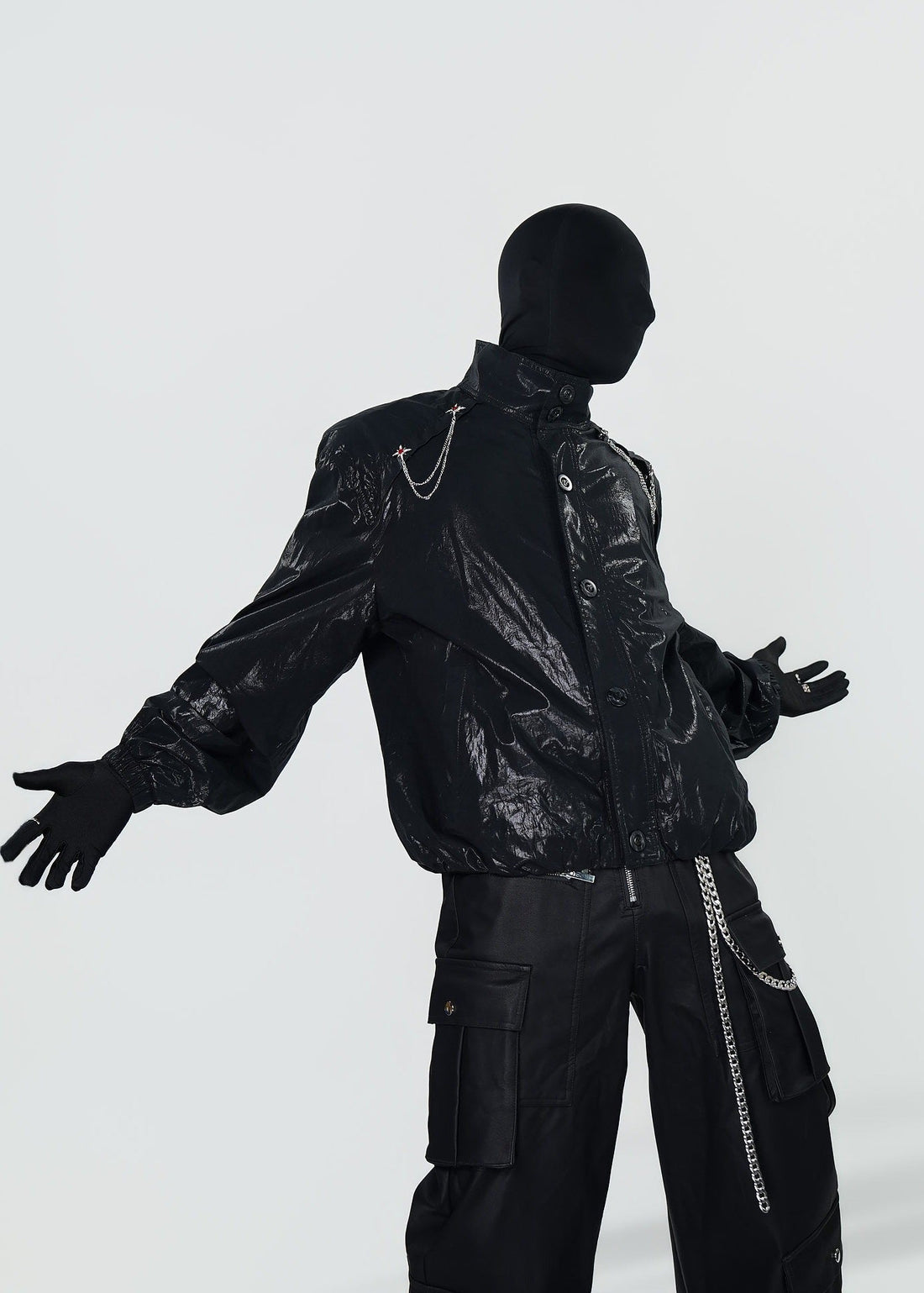 Shiny Coated Stand Collar Biker Jacket - Rick Circus