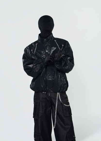 Shiny Coated Stand Collar Biker Jacket - Rick Circus