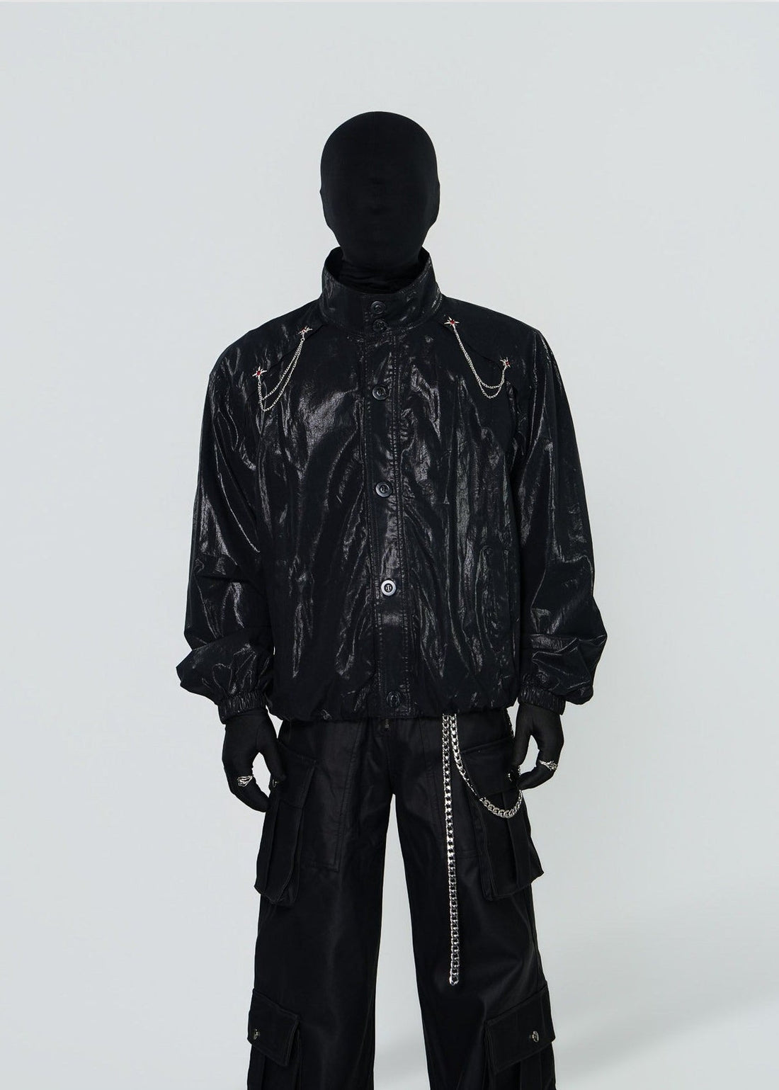 Shiny Coated Stand Collar Biker Jacket - Rick Circus