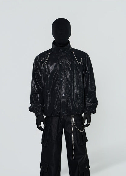 Shiny Coated Stand Collar Biker Jacket - Rick Circus