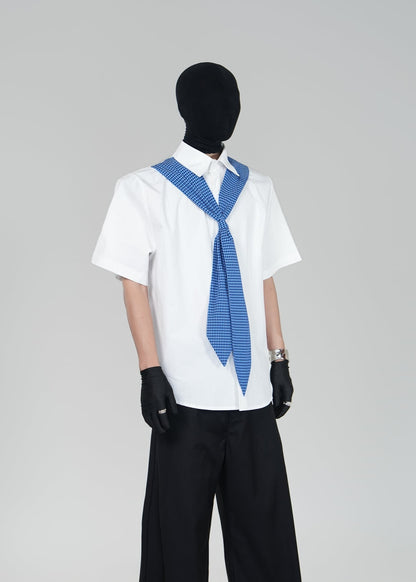 Short Sleeve Shirt with Blue Gingham Tie - Rick Circus