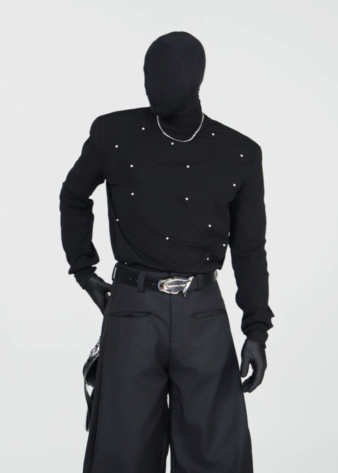 Studded Mock Neck Slim Fit Long Sleeve Tee - Rick Circus