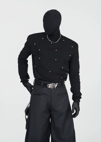 Studded Mock Neck Slim Fit Long Sleeve Tee - Rick Circus
