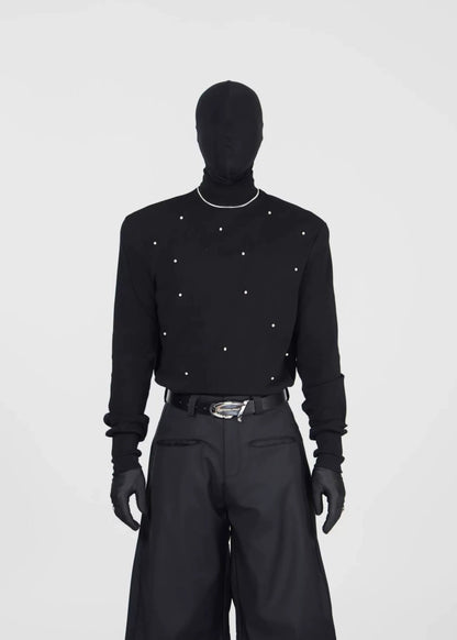 Studded Mock Neck Slim Fit Long Sleeve Tee - Rick Circus