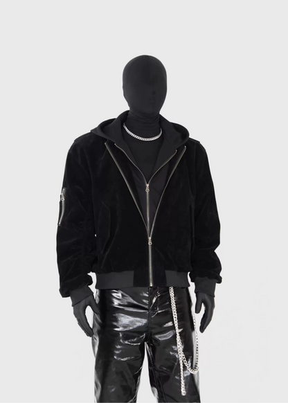 Velvet Hooded Bomber Jacket with Layered Look - Rick Circus