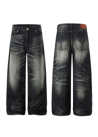 Vintage Washed Distressed Denim Wide Leg Pants - Rick Circus