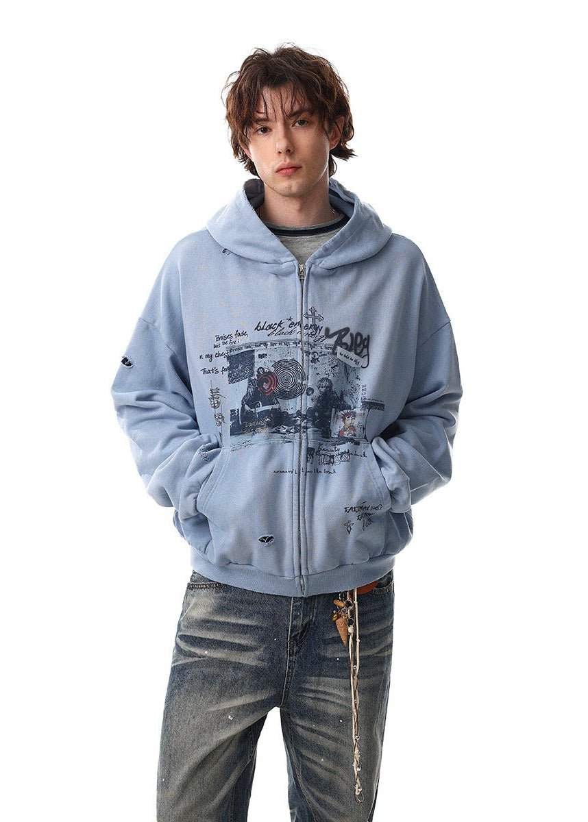 Vintage Washed Streetwear Dark Style Hooded Jacket - Rick Circus