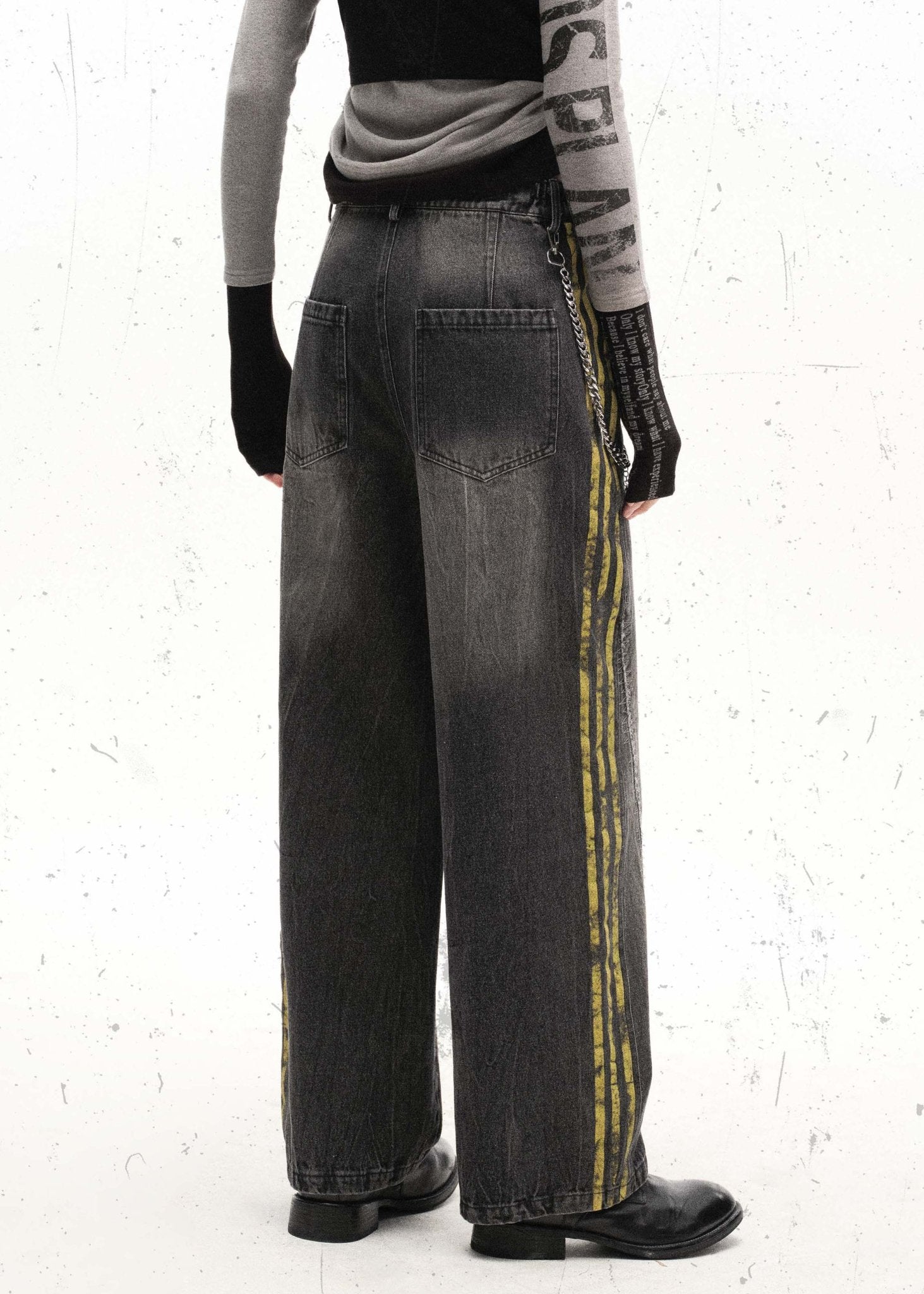 Washed Black Streetwear Jeans with Yellow Side Stripes and Chain Detail - Rick Circus