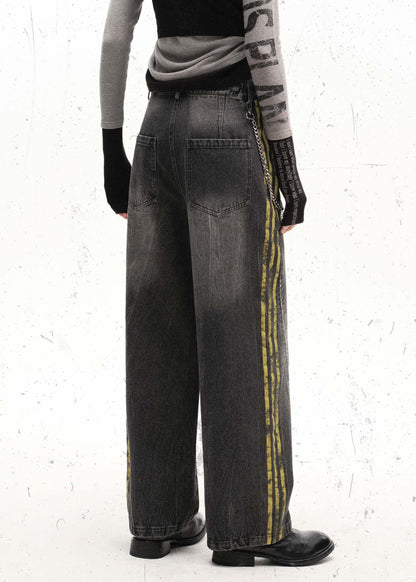 Washed Black Streetwear Jeans with Yellow Side Stripes and Chain Detail - Rick Circus