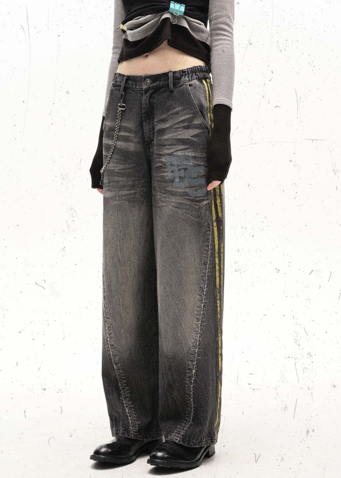 Washed Black Streetwear Jeans with Yellow Side Stripes and Chain Detail - Rick Circus