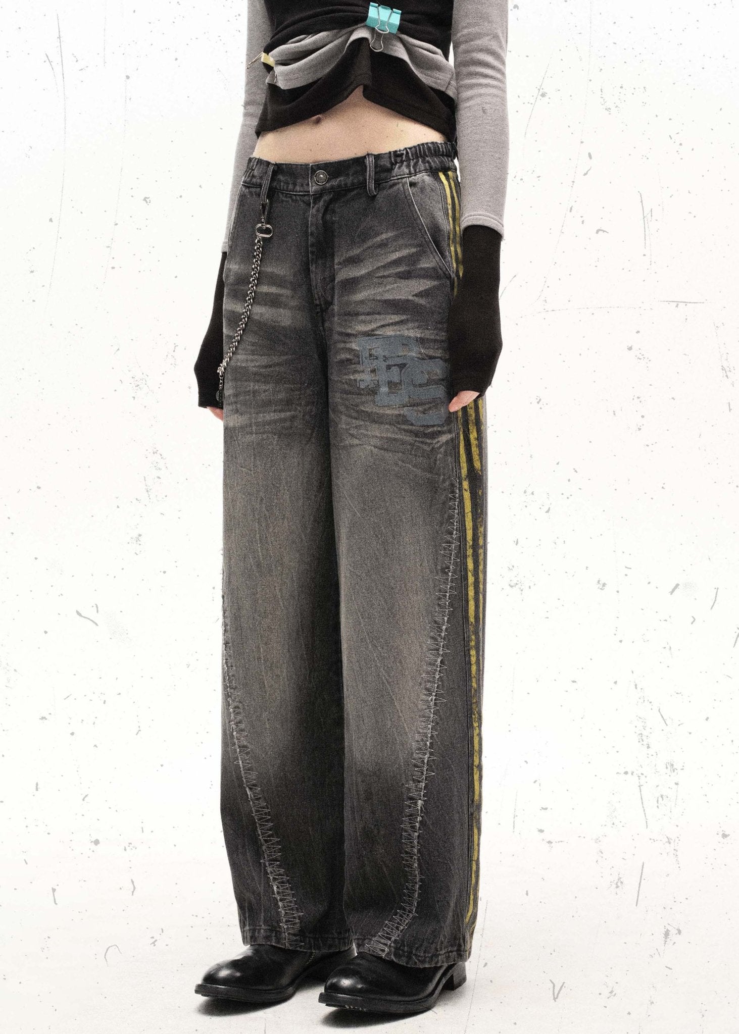 Washed Black Streetwear Jeans with Yellow Side Stripes and Chain Detail - Rick Circus
