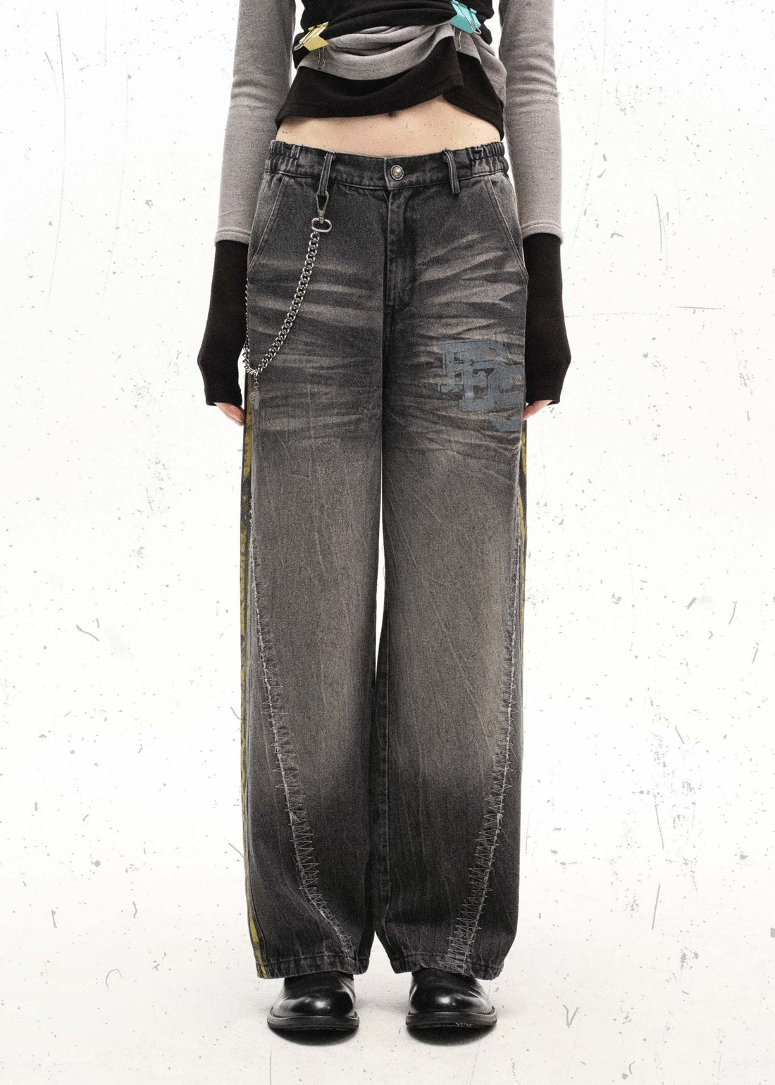 Washed Black Streetwear Jeans with Yellow Side Stripes and Chain Detail - Rick Circus