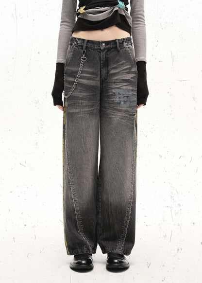 Washed Black Streetwear Jeans with Yellow Side Stripes and Chain Detail - Rick Circus