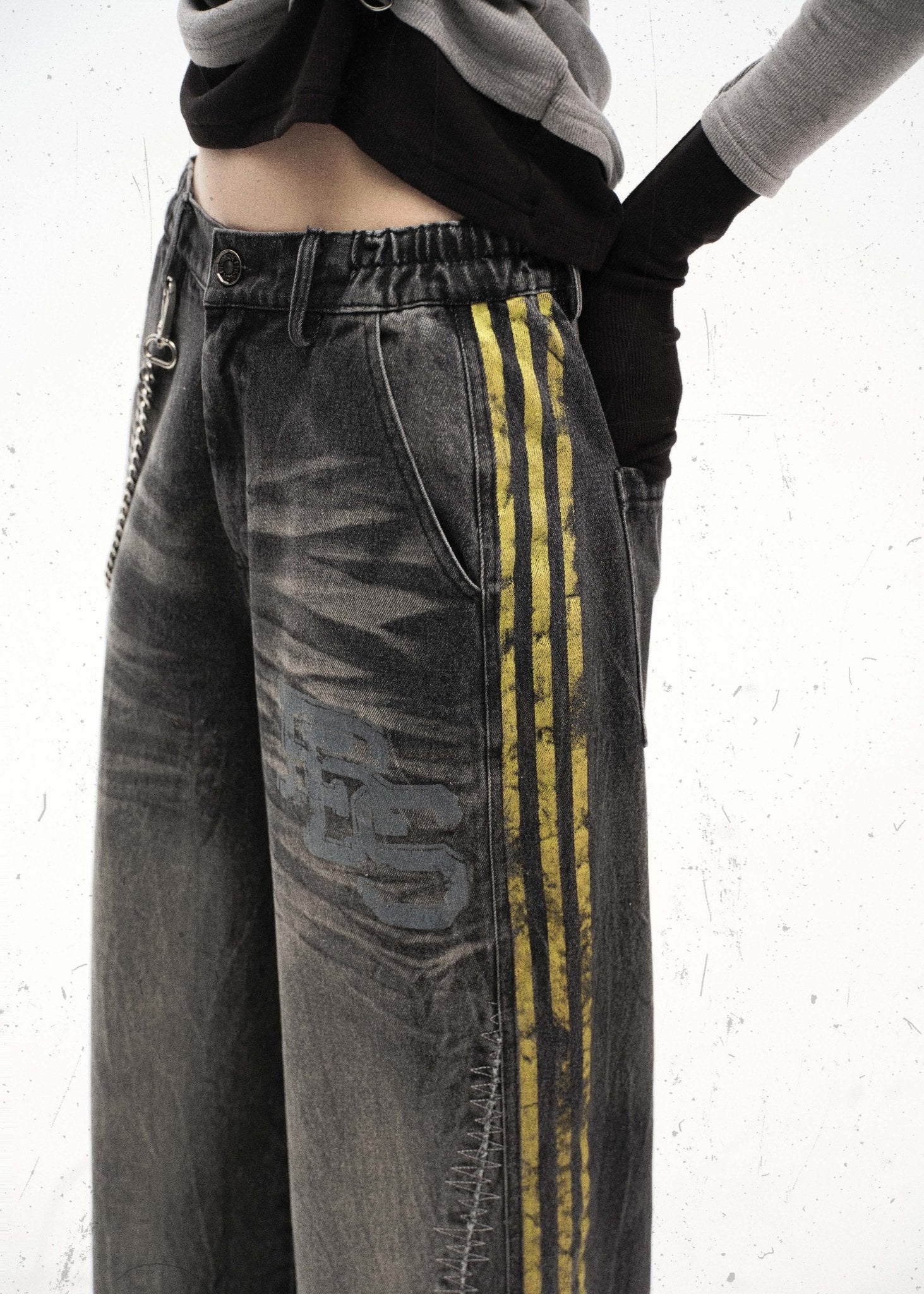 Washed Black Streetwear Jeans with Yellow Side Stripes and Chain Detail - Rick Circus