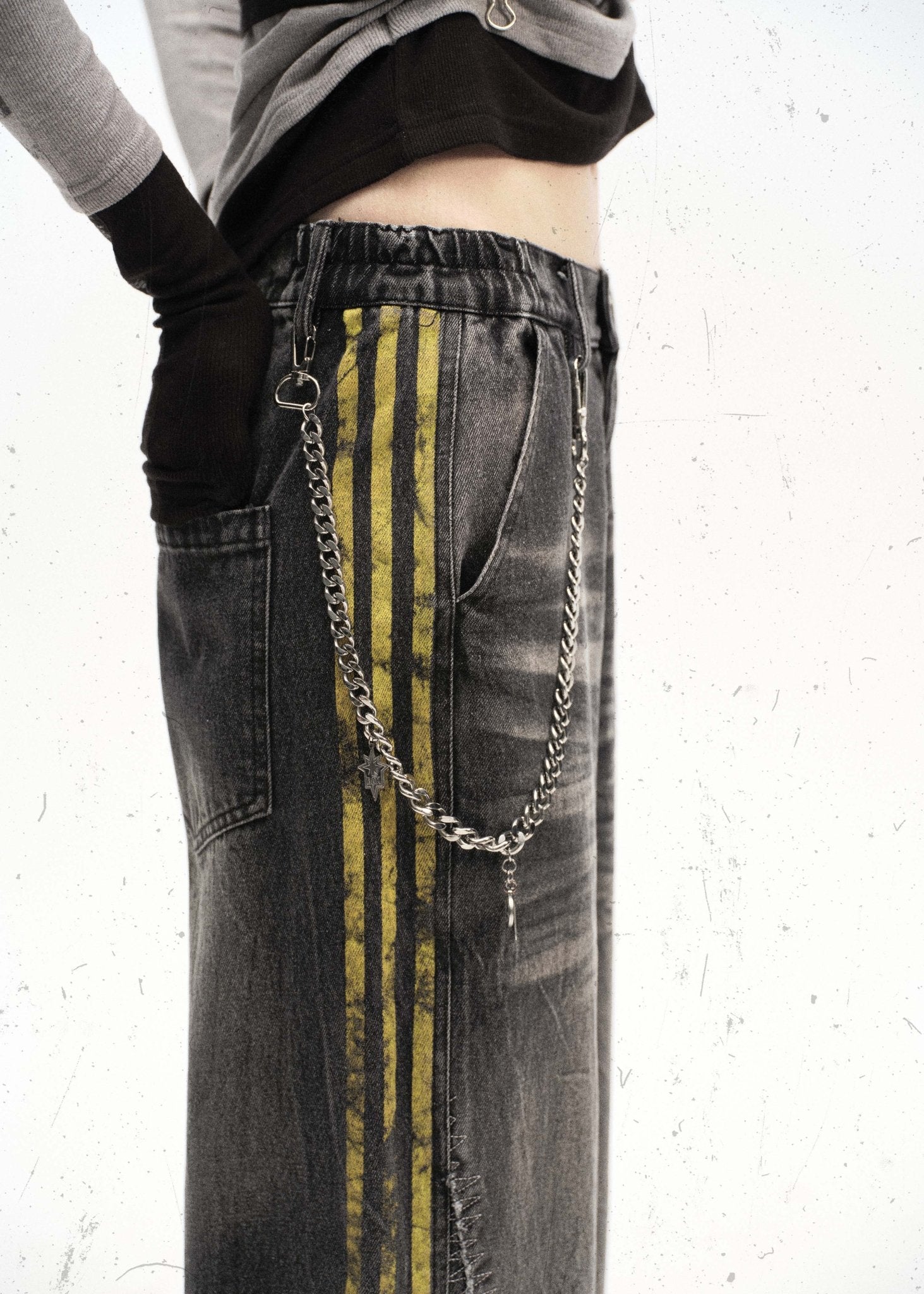Washed Black Streetwear Jeans with Yellow Side Stripes and Chain Detail - Rick Circus