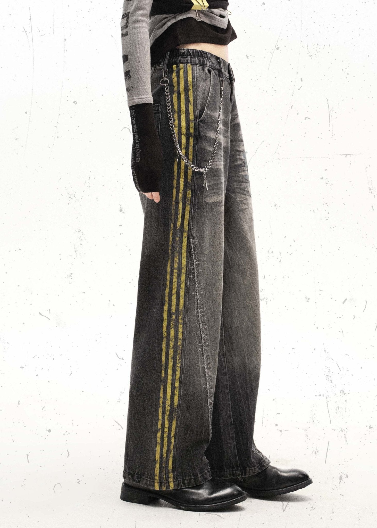 Washed Black Streetwear Jeans with Yellow Side Stripes and Chain Detail - Rick Circus