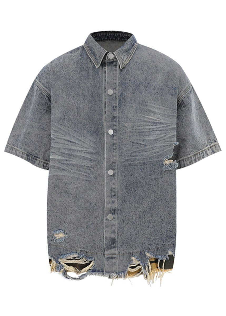 Washed Distressed Denim Short Sleeve Shirt Jacket - Rick Circus