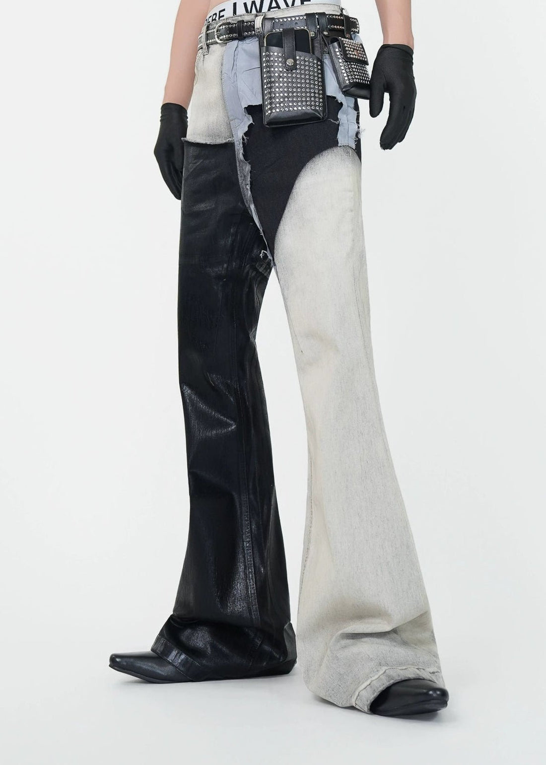 Wax - Coated Patchwork Flared Jeans - Rick Circus