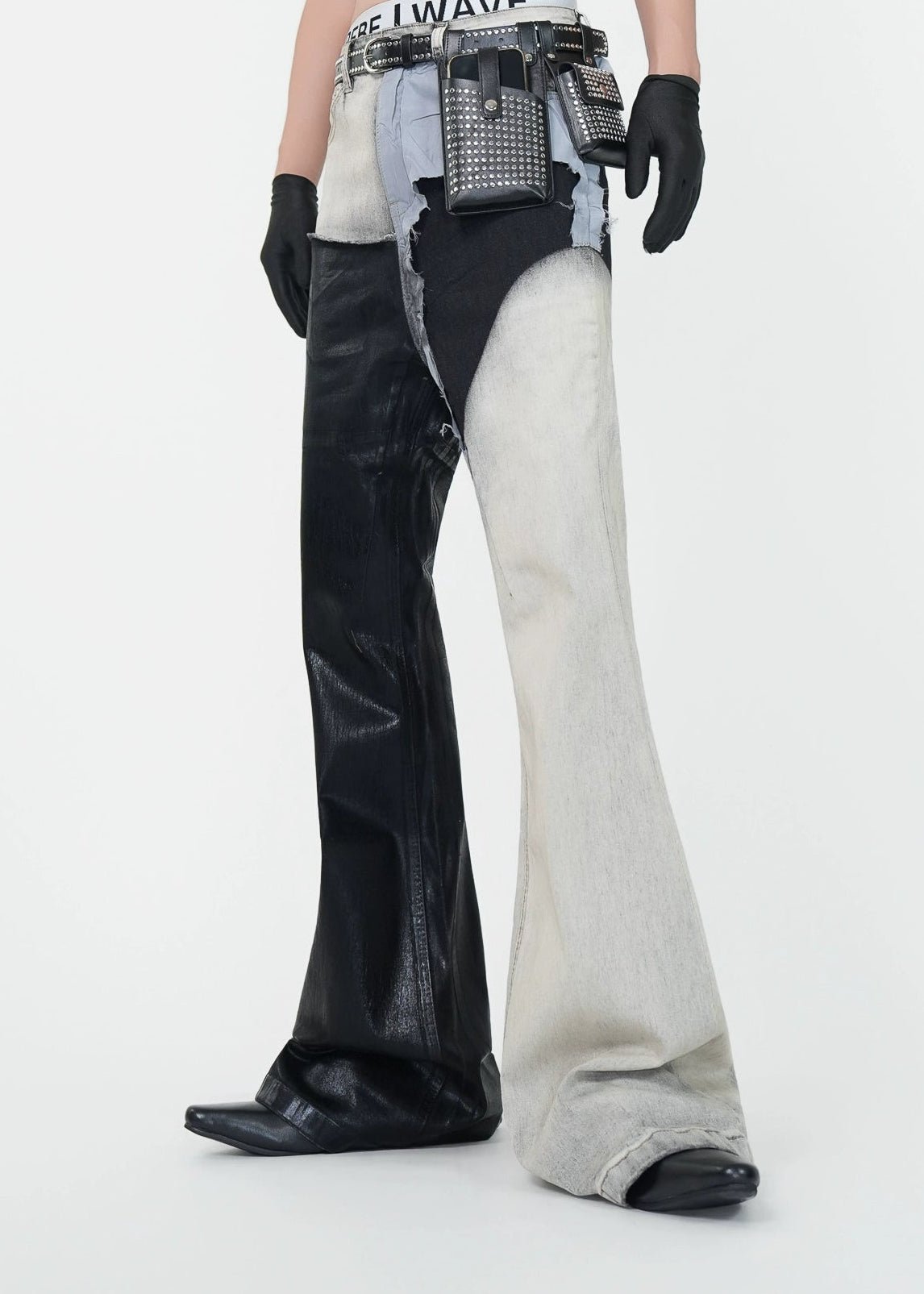 Wax - Coated Patchwork Flared Jeans - Rick Circus