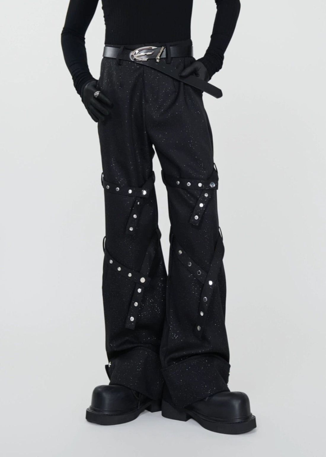 Wide - Leg Glitter Pants with Multi - Strap Detailing - Rick Circus