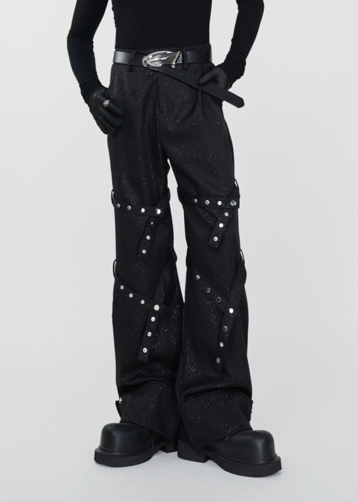 Wide - Leg Glitter Pants with Multi - Strap Detailing - Rick Circus